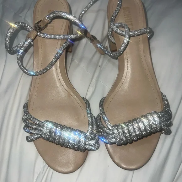 SCHUTZ Silver and Tan Strappy Heels with Block Heel - Picture 2 of 5